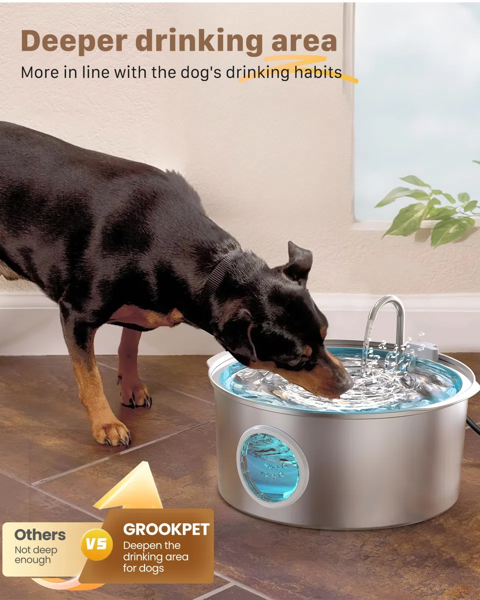 Fuente para Gatos Acero Inoxidable: 7L/236oz Fuente para Perros - GROOKPET Bebedero Súper Silencioso - Luz LED - Apto para Perros Grandes, Gatos y Hogares con Varias Mascotas con 6 Filtros+3 Esponjas
