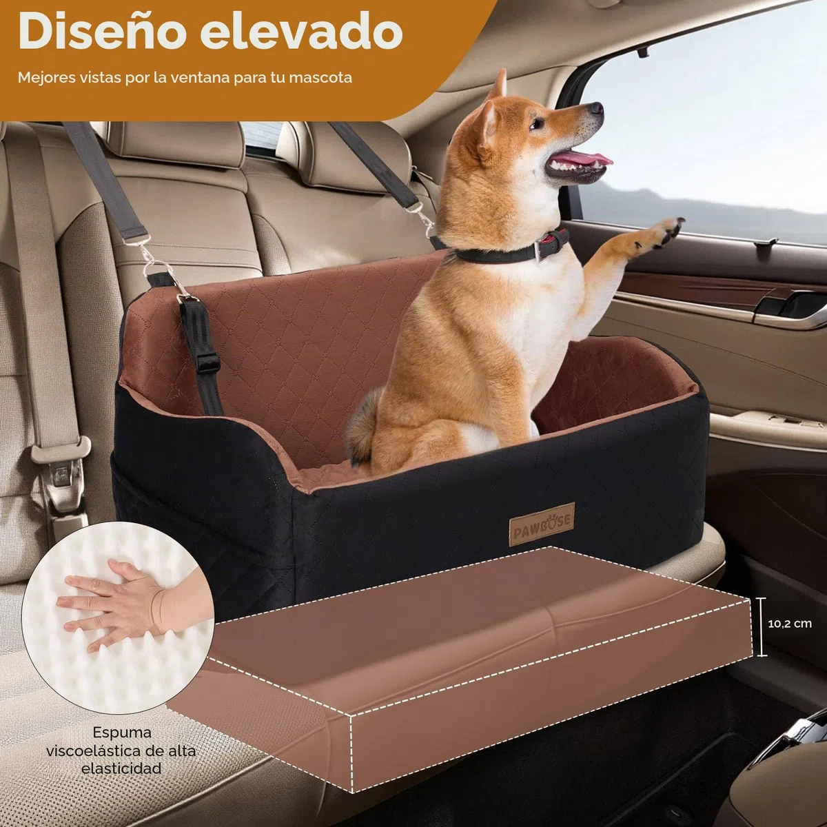 PAWBOSE Asiento de coche para perros medianos/grandes, asiento elevador de menos de 55 libras o 2 perros pequeños, relleno de cama de espuma viscoelástica, extraíble y lavable, cómodo asiento de coche