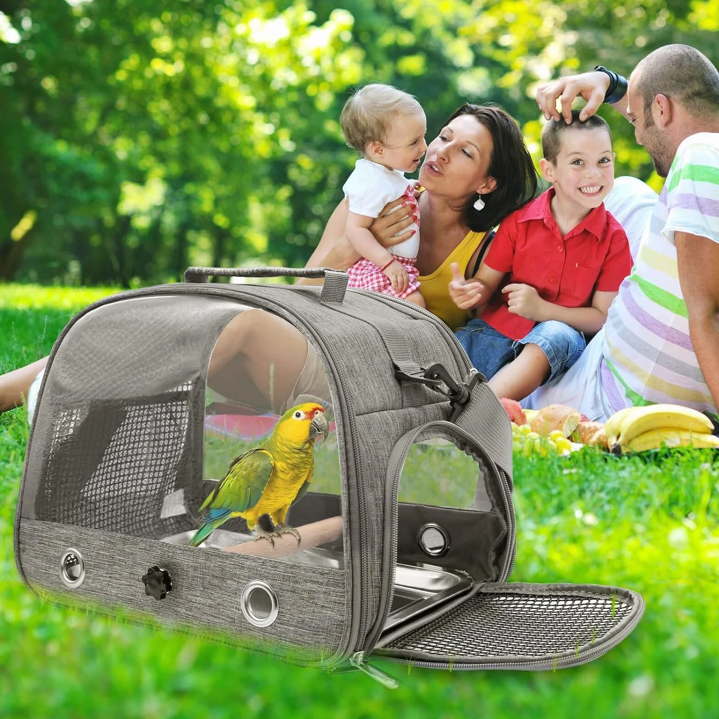 Mochila para pájaros con palo de madera, bolsa de transporte con barra de pie y bandeja de acero inoxidable, mochila ligera para loros