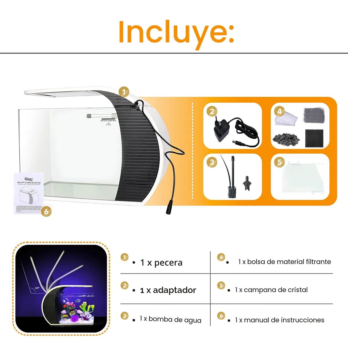 Hygger - Set de acuario de vidrio LED Fish Tank, 19 litros, acuario panorámico con frontal curvo y filtro oculto, iluminación LED (3 modos de color para elegir)