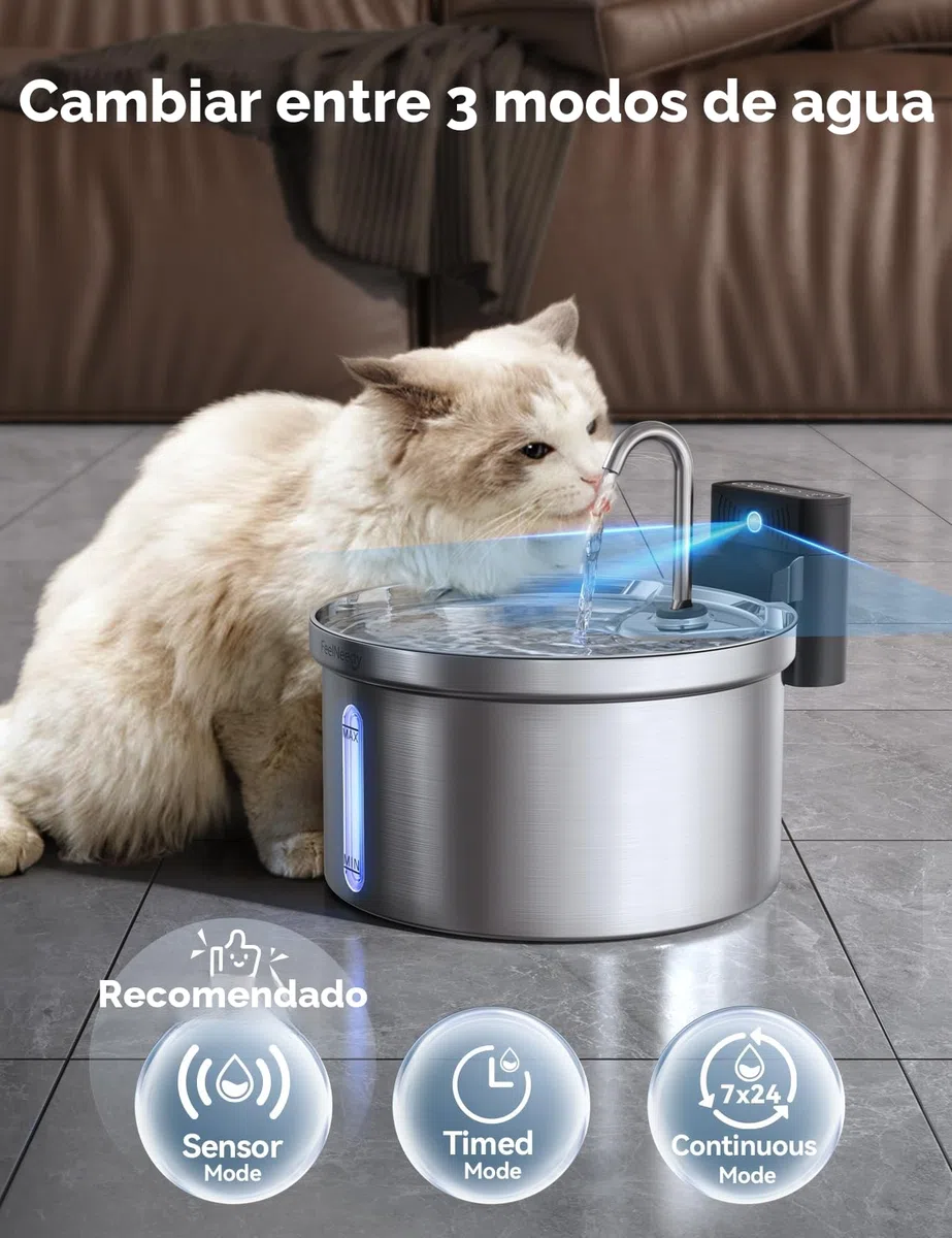 Fuente para Gatos Sin Cable con Sensor [Separación de Agua y Batería] FEELNEEDY Dispensador Automático de Agua en Acero INOX para Mascotas Inalámbrica con Batería 4000mAh, 3.5L, 6 Filtros, INOX