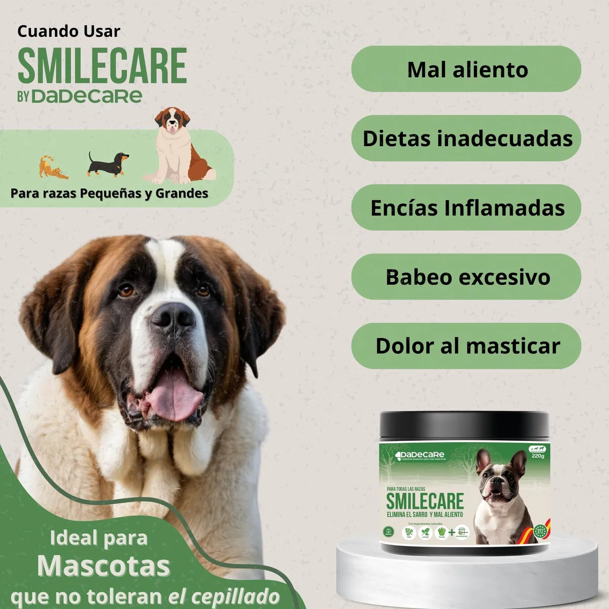 Smilecare - Polvos para Mal aliento 220gr Alga Kelp - Alternativa Natural Pasta De Dientes Para Perros Y Gatos, Mejora Aliento, Reduce Sarro, Prevención Problemas Dentales - Sin Cepillado Diario