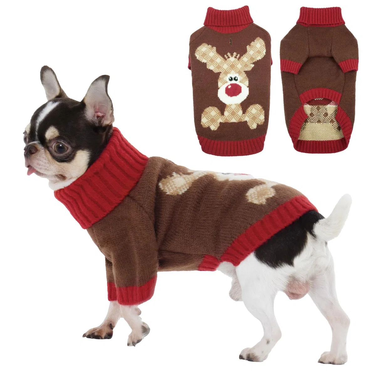 Jersey Navidad Perro - Diseño con Reno Sueter Perro Ropa Cálido con Apertura para Correa, para Pomerania, Yorkshire Terrier, Caniche Toy, Marrón S