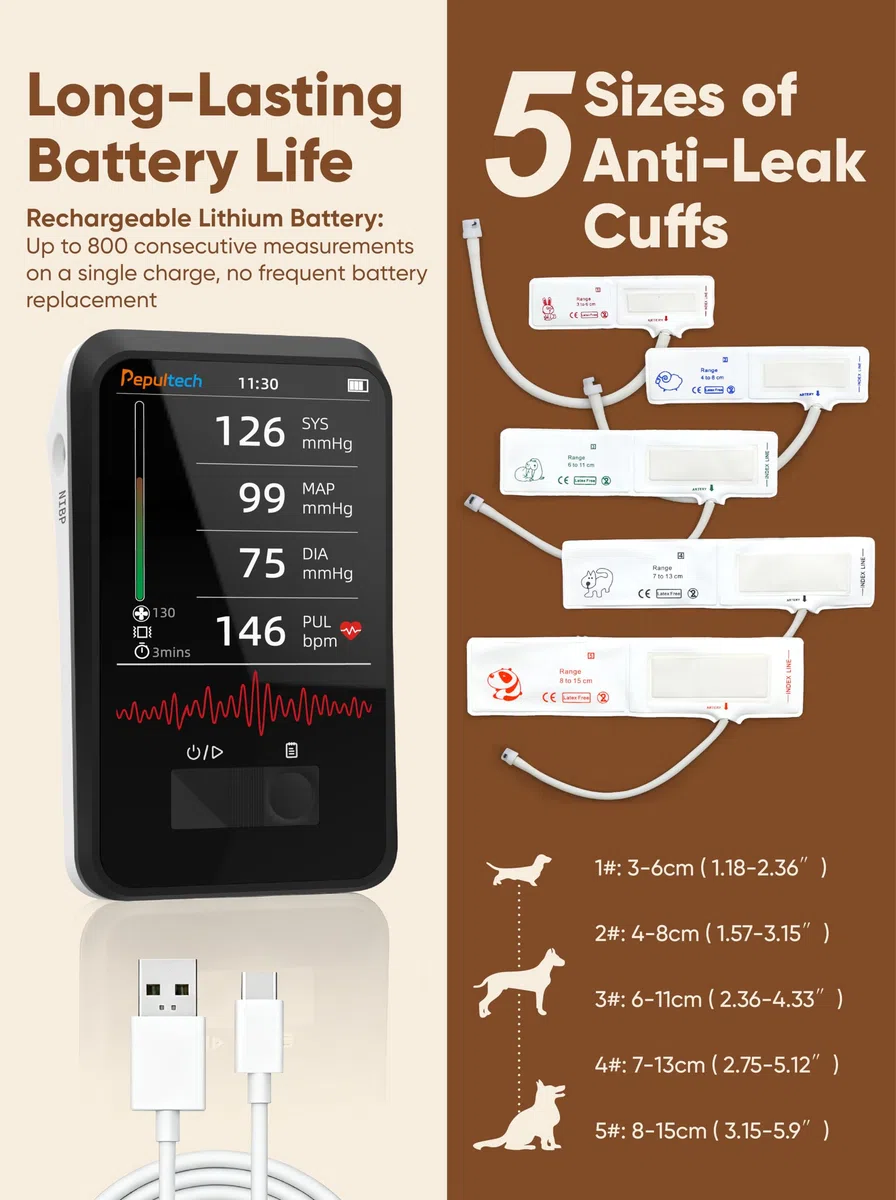 Monitor de Presión Arterial Veterinario, Máquina Digital Automática de PA para Perros y Gatos, Operación Silenciosa, Pantalla LCD de 3.5 Pulgadas y Memoria para 1000 Conjuntos de Datos