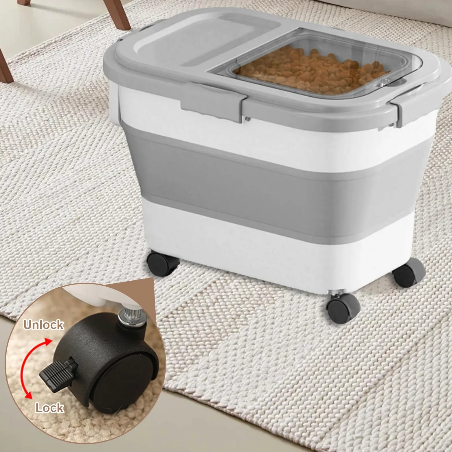 Contenedor Plegable para Alimentos de Mascotas 7-10kg, Contenedor de comida para perros, Recipiente Hermético con Ruedas, Cuchara Medidora, para Guardar Croquetas y Mantener su Frescura