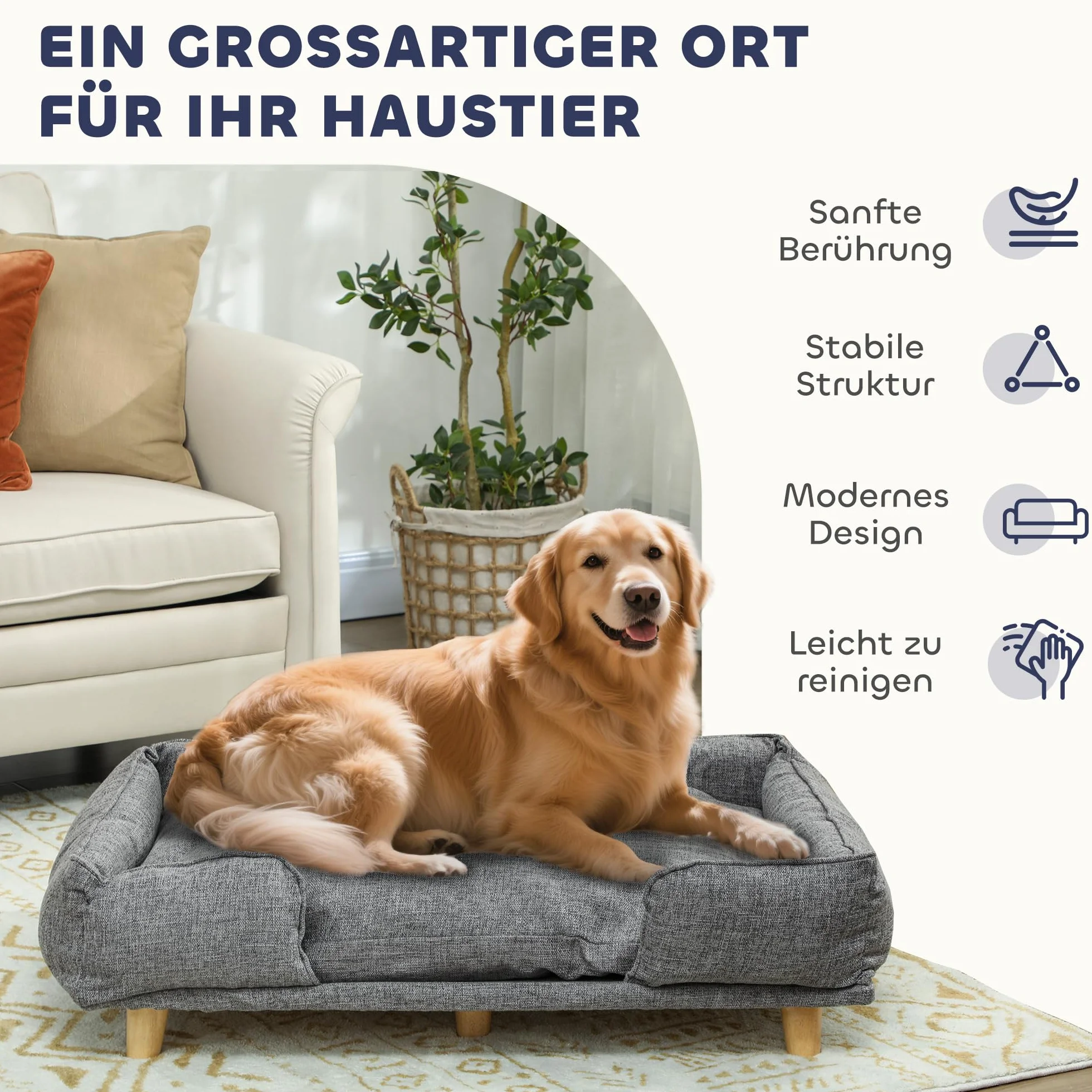 PawHut Sofá para perros con respaldo, patas de madera, cama para perros con poliéster, sofá para mascotas y gatos, para perros grandes de hasta 30 kg y 60 cm de altura de hombro, 96 x 66 x 24 cm