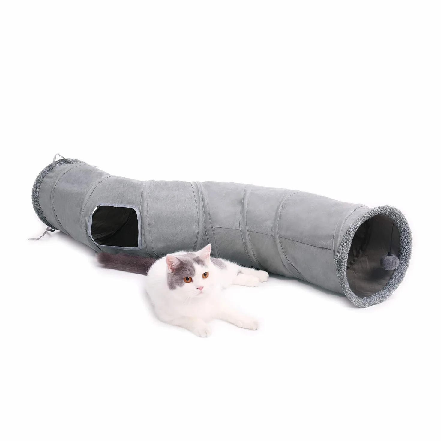 OHANA Juguete Plegable túnel de Gato en Gamuza, Gran túnel para Gato de Interior Conejos con 2 Agujeros y Bola suspendida - Forma S