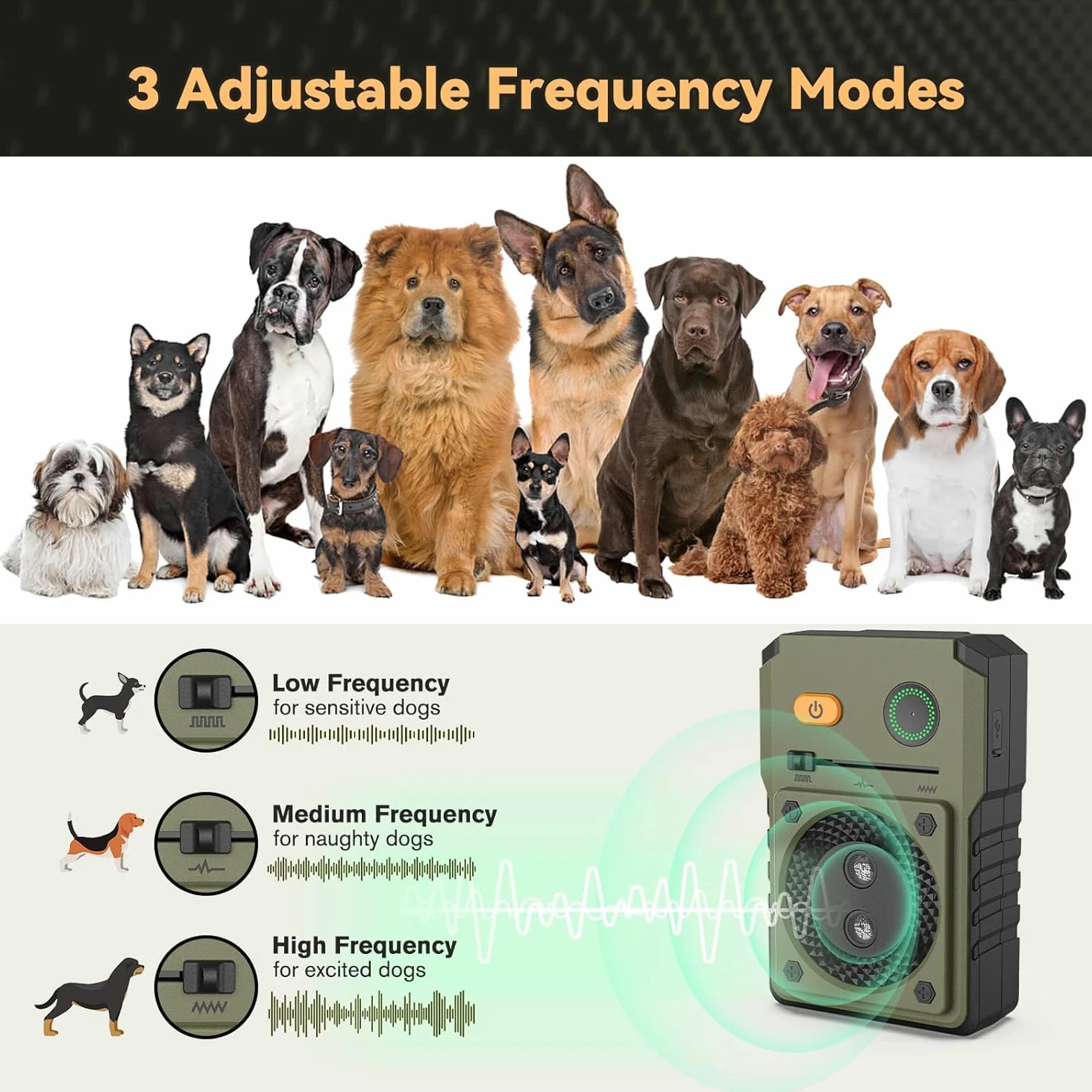 Dispositivo Ultrasónico Anti Ladridos para Perros, Detener el Ladrido de Perro Tapón Anti Corteza 16.4Ft , Dispositivos de Control de Disuasión contra Ladridos Herramienta de Entrenamiento para Perros