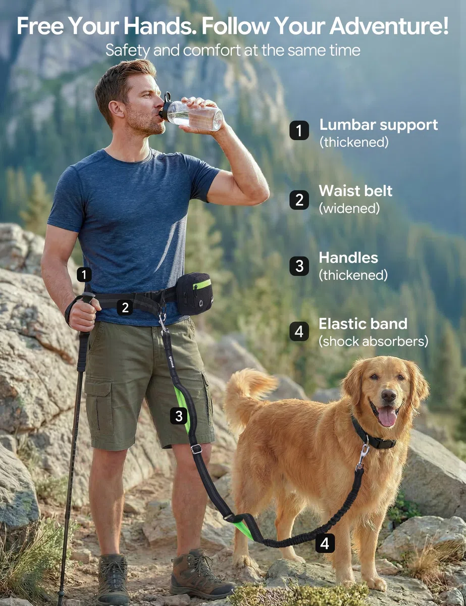 Pecute Correa Perro Cintura Manos Libres con Riñonera Impermeable, Correa Antitirones para Perros con Cuerda Elástica Amortiguadora, Doble Asa Reflectante para Correr Pasear Entrenar 15-55kg