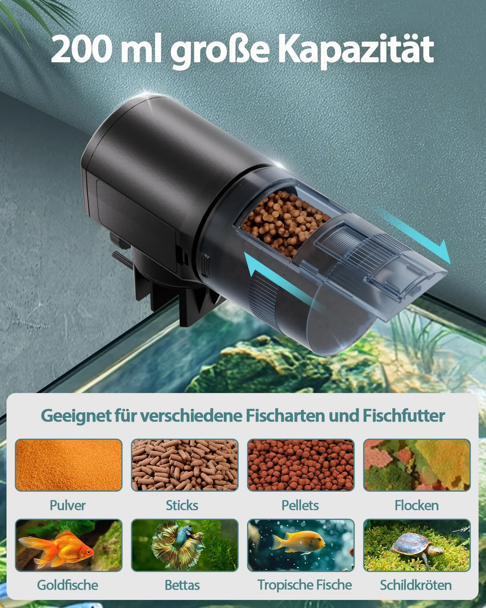 Alimentador Automatico Acuario Peces Comedero: 200ML Gran Capacidad Dispensador Comida Peces A Prueba de Humedad Alimentacion Temporizador para Peceras