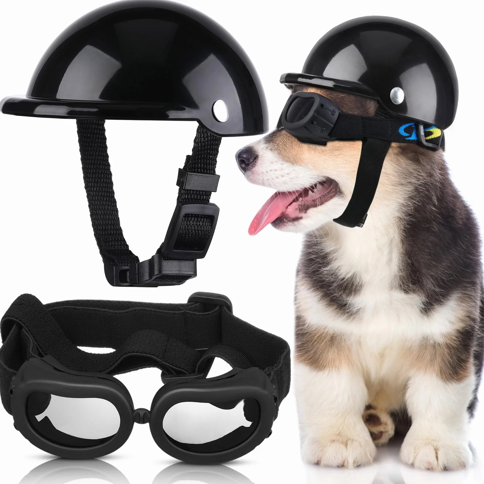 Frienda Casco y Gafas para Perro, Gafas de Sol con protección UV y Casco Acolchado de 4 Pulgadas para Cachorros, adorables Gafas para Perros con cinturón Ajustable para Perros pequeños (Negro, S)