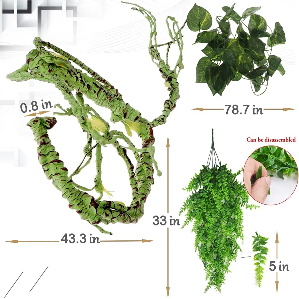 Hamiledyi Plantas de reptiles flexibles para trepar en la selva, rama de terrario, hojas de plástico flexible, decoración de hábitat para mascotas, dragón barbudo, lagarto, rana, serpiente, accesorios