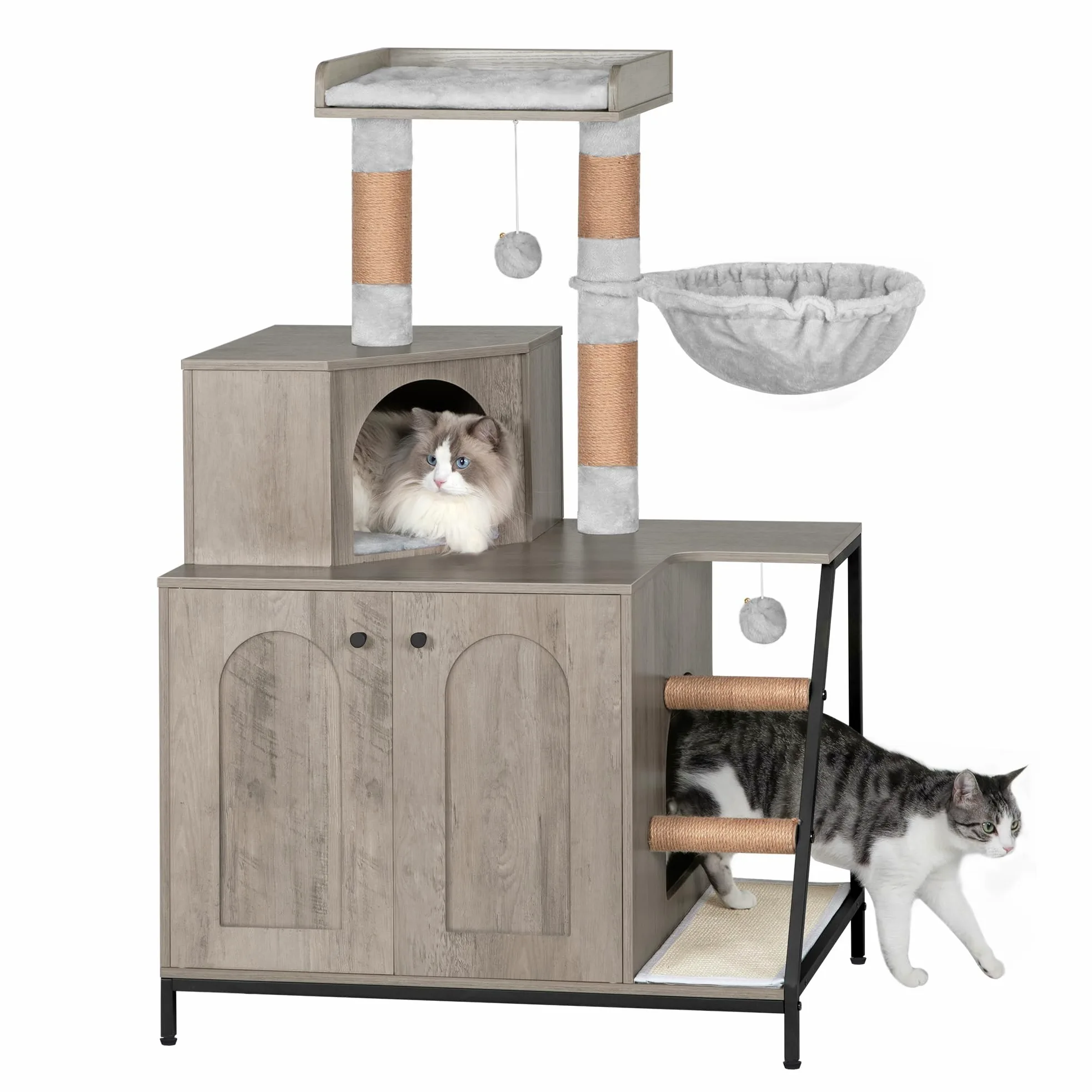 Hzuaneri Armario para Gatos, Moderna Casa para Gatos 4 en 1 con Plataforma Grande, Mueble Arenero Gato con Alfombrilla para Arañar, Postes, Escaleras y Pompón, Cojines Lavables, Greige CB81005B