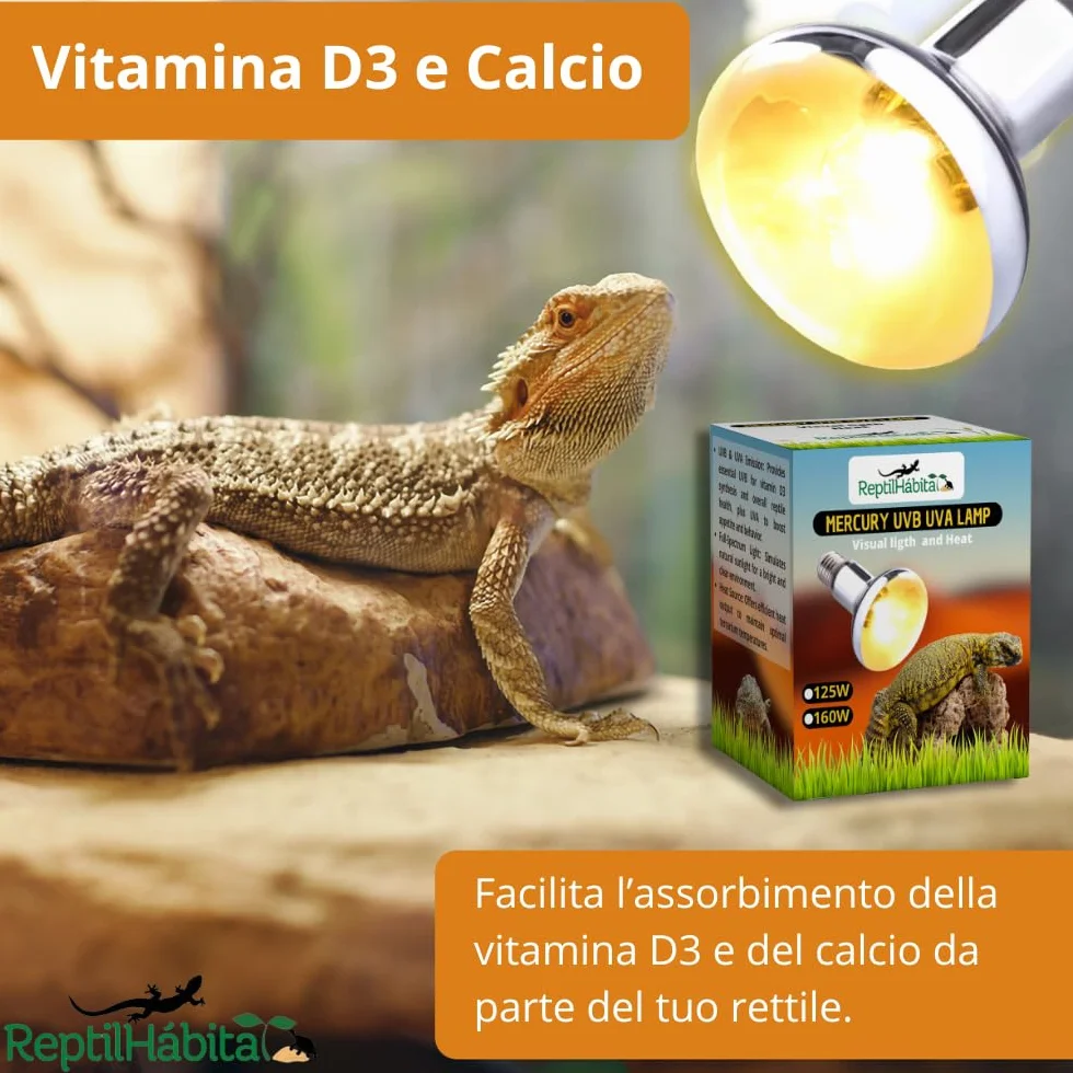 Bombilla UVB UVA con Calor para Reptiles 80W, 100W, 125W y 160W – Lámpara Vapor de Mercurio Todo en Uno para Terrarios – Luz Solar Artificial con Protección Térmica (125W)