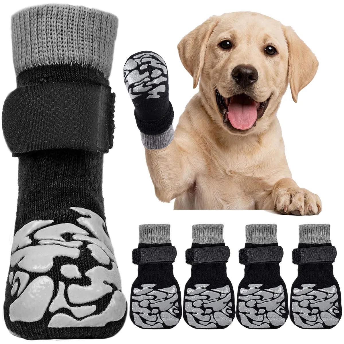 Kuoser 2 pares de calcetines antideslizantes para perros con velcro ajustable, protección de patas para perros de interior, calcetines antideslizantes para perros extra grandes, suela de agarre suave