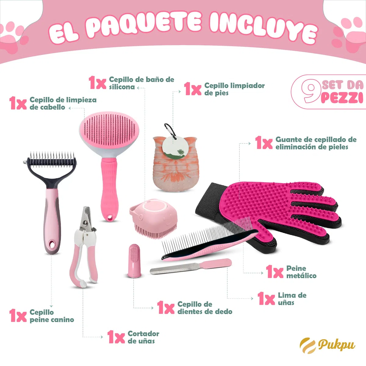 Kit de Aseo para Mascotas 9 Piezas Rosa – Cepillo Gato Pelo Corto, Deslanador Perros, Guante Quitapelos, Limpia Patas, Cortaúñas Gato, Peine y Cepillo Dental