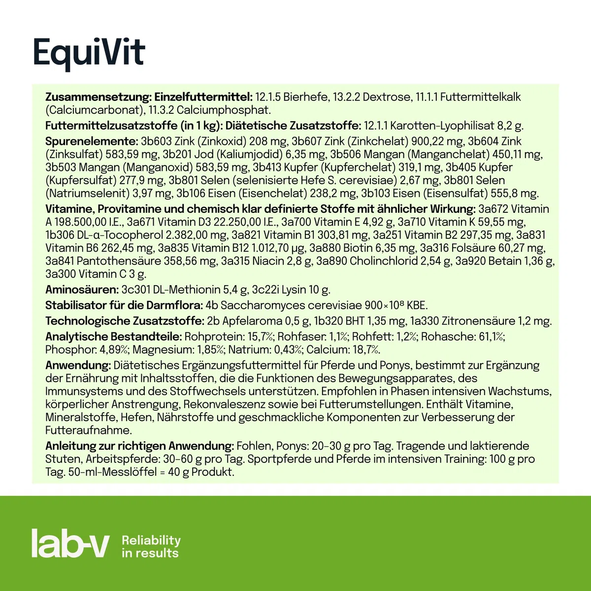 Lab-v EquiVit 2 kg – Complemento alimenticio dietético para caballos – Complejo de vitaminas y minerales para complementar la alimentación diaria