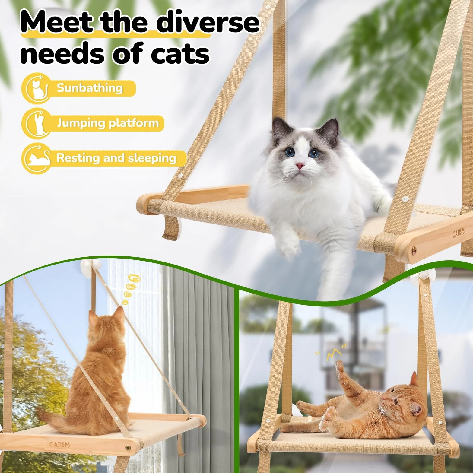 CATISM Plegable Hamaca Gato Ventana de hasta 20kg, Hamaca Reforzada para Gatos con Ventosa Fuerte, Lavable, Tela Transpirable, Soporte para alféizar de Ventana, Saco de Dormir para Gatos (50x38cm)