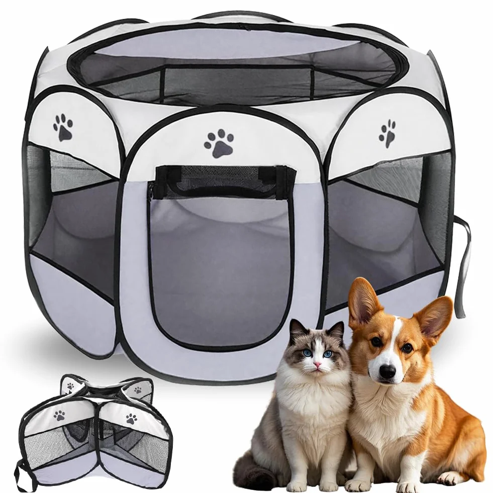 Parque para Perros 74x74x43cm, Jaula para Gatos Plegable, Jaula para Perros Portátil, Corralito para Gatos, Conejos, Animales Pequeños, Interior y Exterior (Gris)