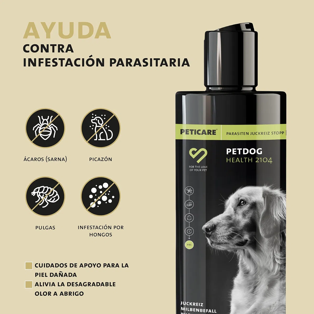 Peticare Perro Champu contra Picor Fuerte, Anti-Pulgas y Anti-Acaros - Tratamiento para Parasitos y Repelente, Shampoo, Ingredientes eficaces - petDog Health 2104