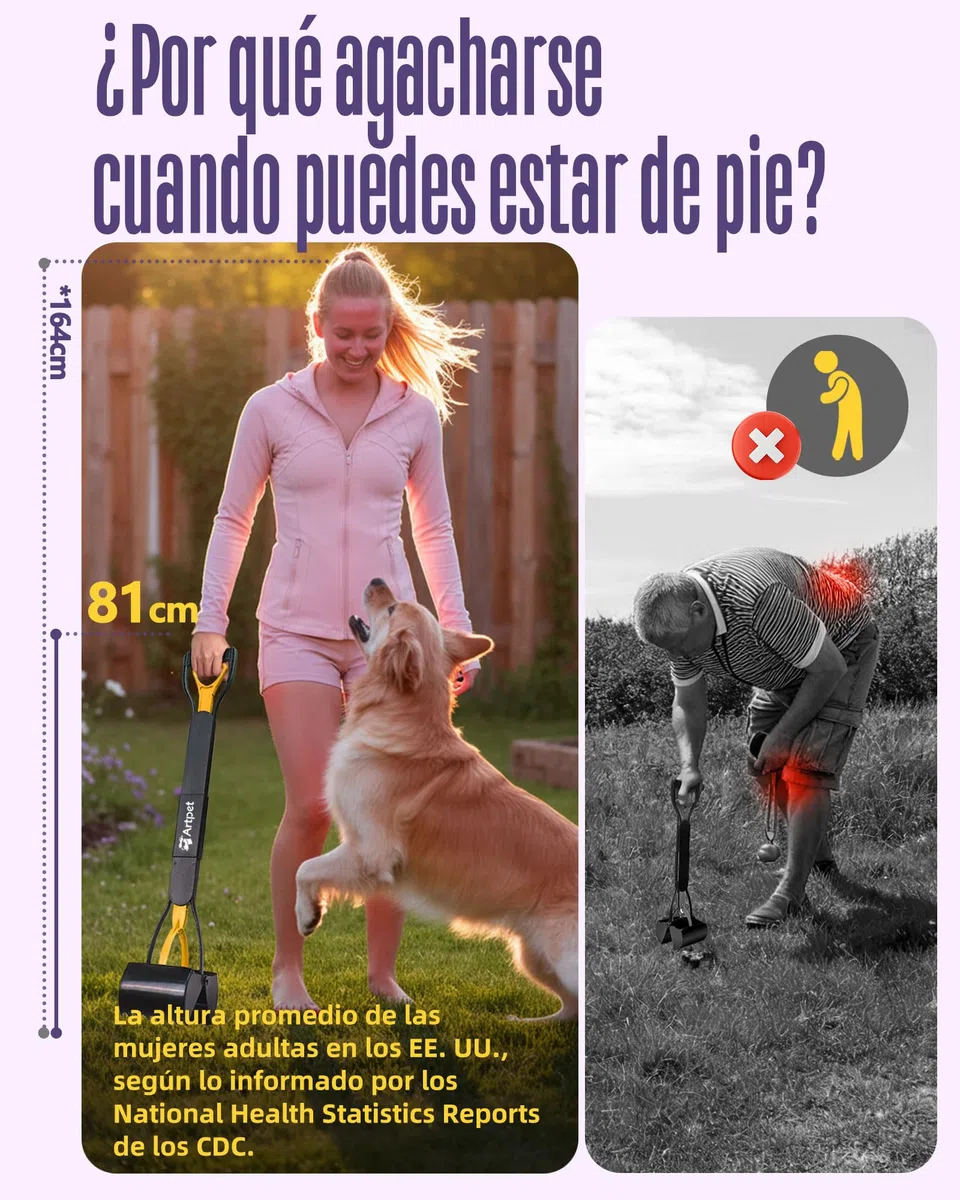 Recoge Cacas de Perros Mango Largo 80cm, Ligero y Plegable Recogedor de Excrementos Perro, Ideal para Paseos y Jardín, Amarillo