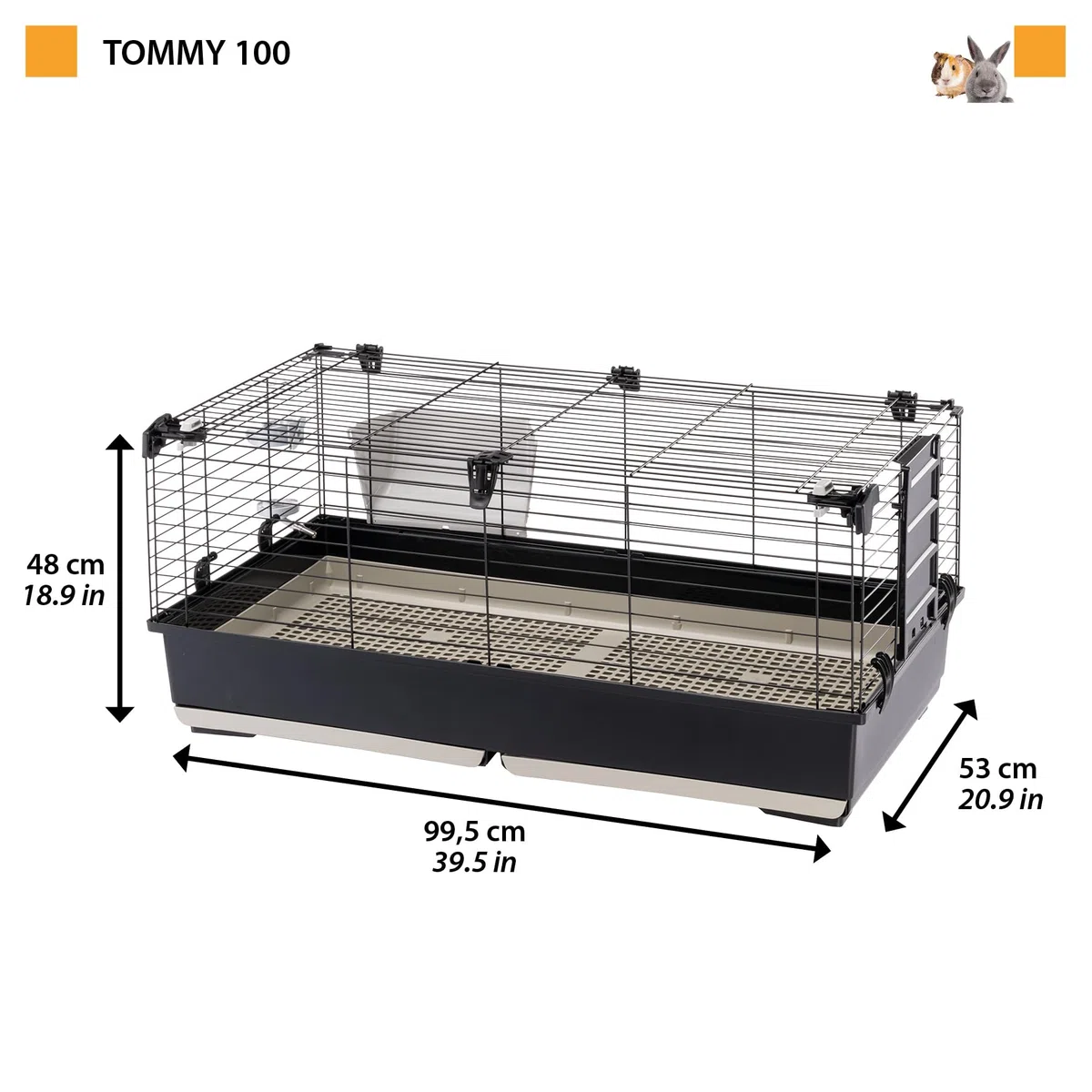 Ferplast Jaula Conejos TOMMY 100 - Espaciosa, Techo Abatible, Puerta-Escalera, Fácil Limpieza con Rejilla Higiénica - Accesorios Incluidos, Conectable a Metrò - 99.5 x 53 x h 48 cm