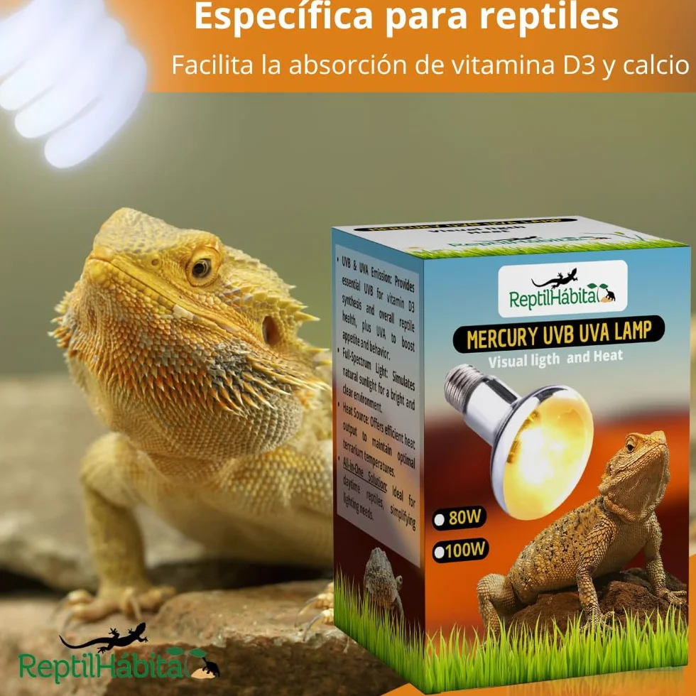 Bombilla UVB UVA con Calor para Reptiles 80W, 100W, 125W y 160W – Lámpara Vapor de Mercurio Todo en Uno para Terrarios – Luz Solar Artificial con Protección Térmica (125W)