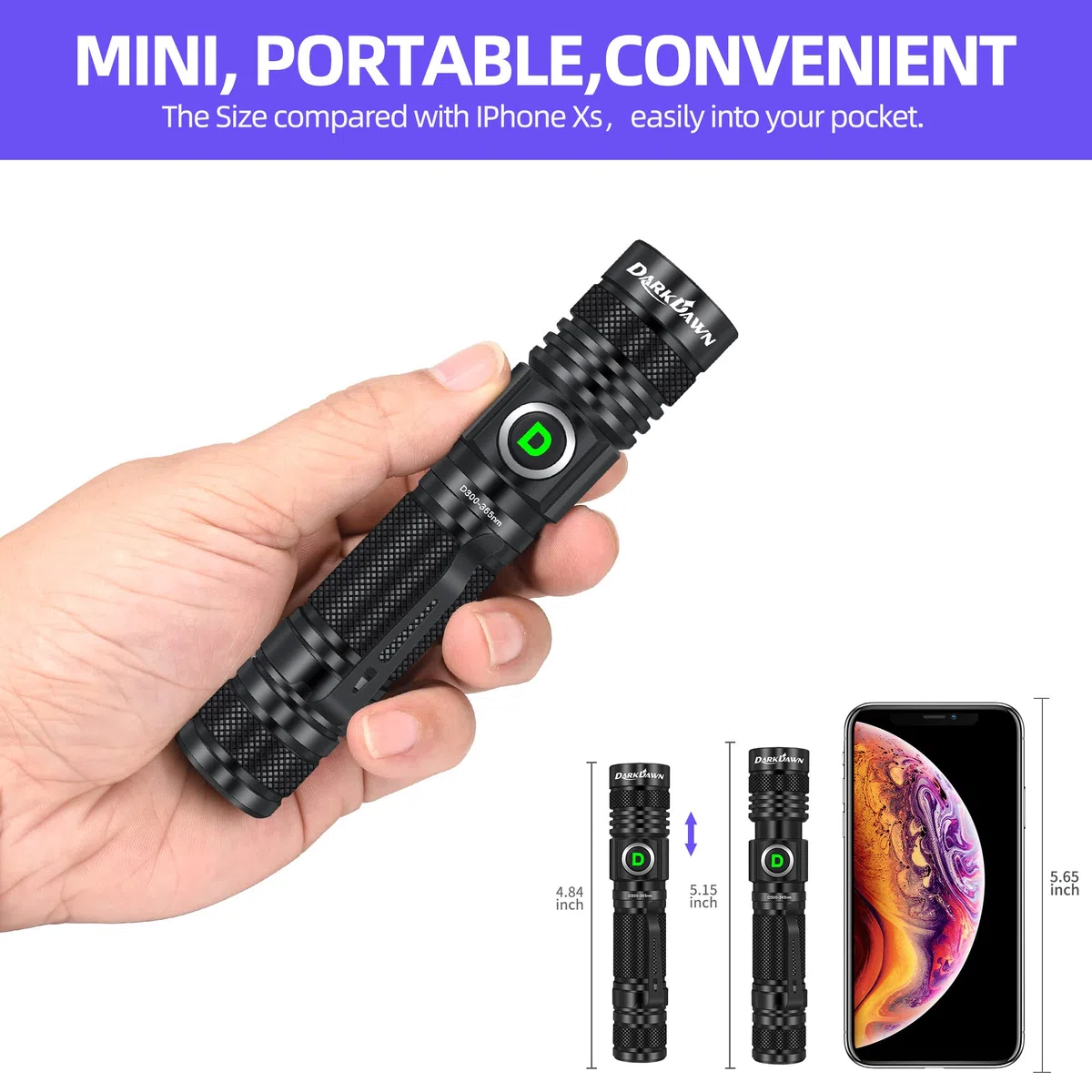 DARKDAWN UV 365nm Luz Linterna USB Recargable, Ultravioleta LED Luz Negra Lámpara de Wood Portátil, Fluorescente Mini Detector de Orina de Mascotas Manchas, Uranio Vidrio, Curado de Resina, 2 Paquete