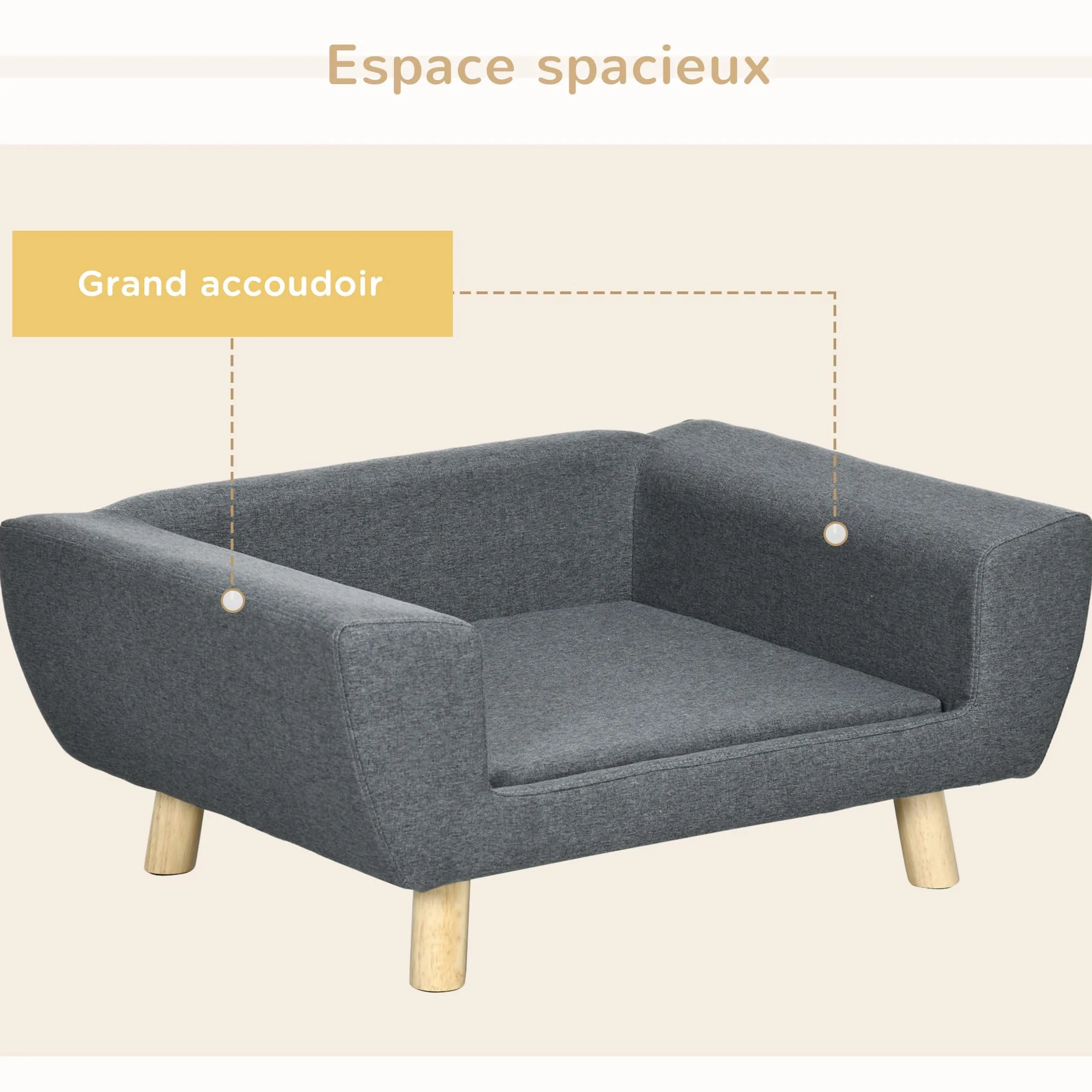 PawHut - Sofá para perro, diseño escandinavo, cojín suave, patas de madera maciza. 87 x 61 x 36 cm Poliéster Gris