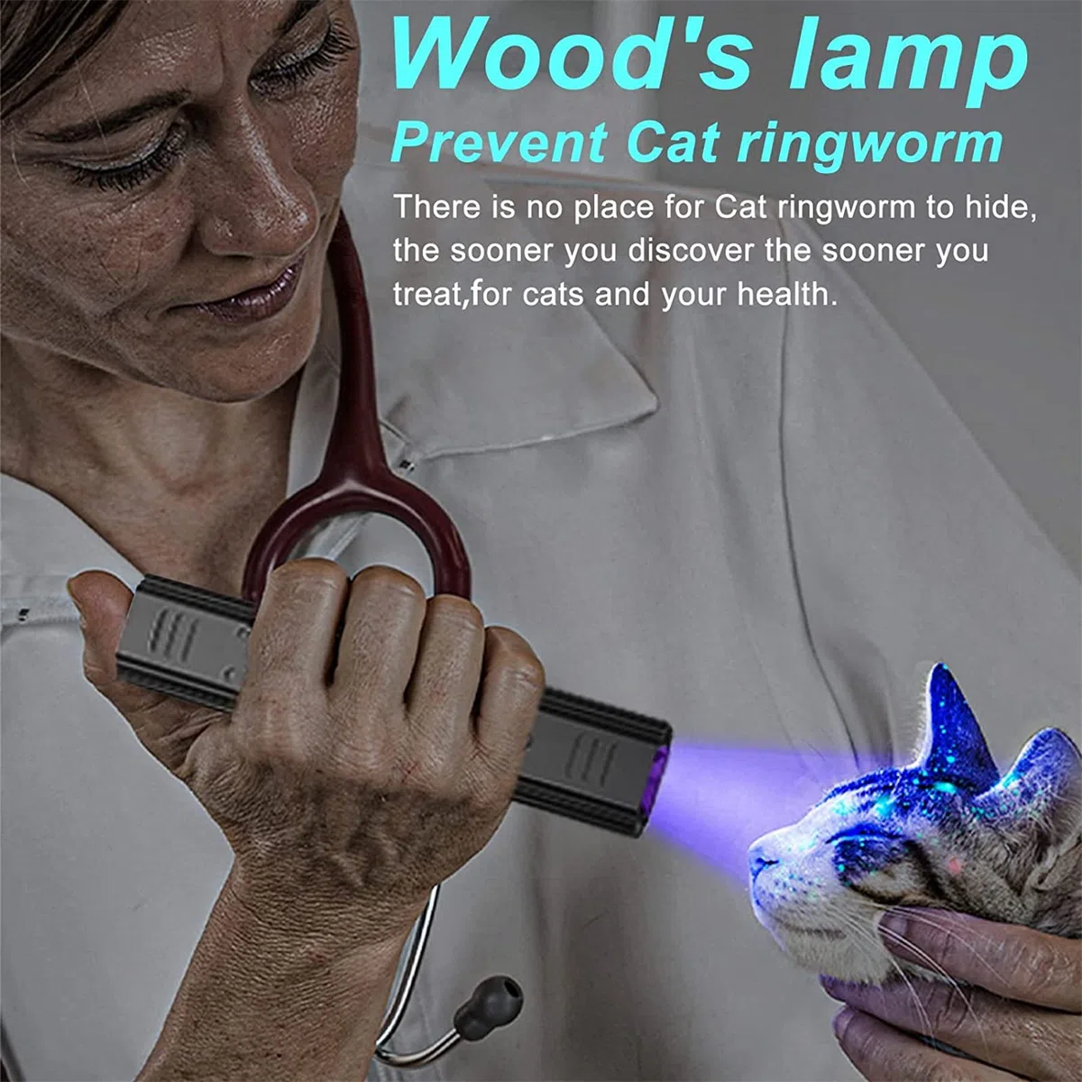 Wood's Lamp Pet gato, perro Wood's Black Light Linterna Cat Detector de tiña, Doctor Pet orina Detector, para analizar la piel del perro gato cuidado cama inspección de insectos