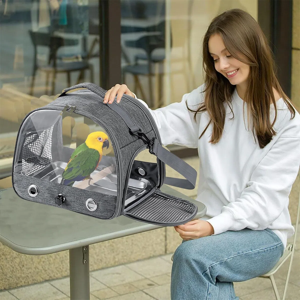 Bolsa de transporte para pájaros, portátil, transpirable, jaula de viaje con bandeja y postes de acero inoxidable, apto para pájaros, animales pequeños (gris)