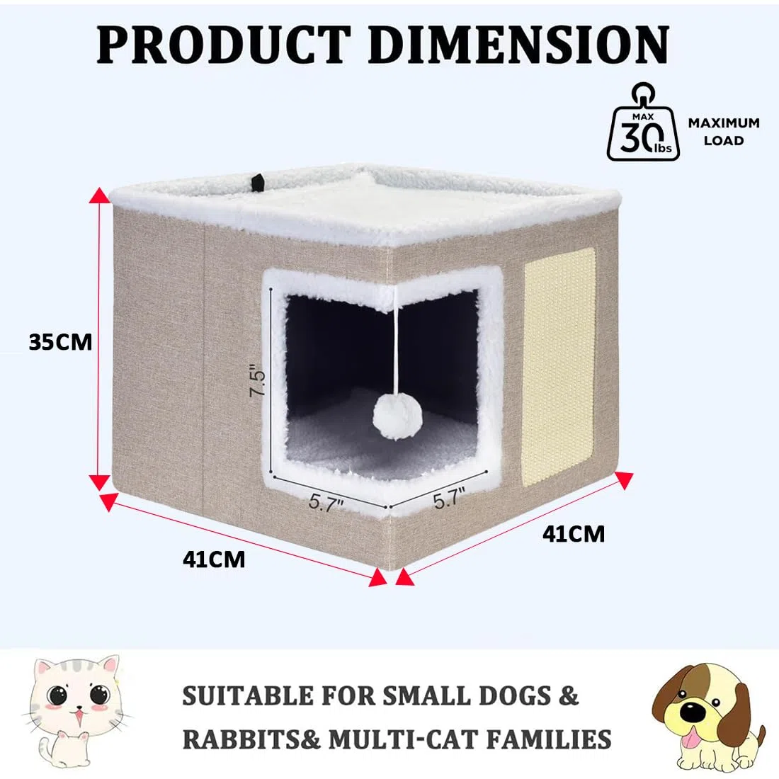 ERNAN Casa para Gatos Interior Plegable con Rascador, Cama para Diversos Estilos de Decoración del Hogar, para Pequeños Animales Interiores (Beige)