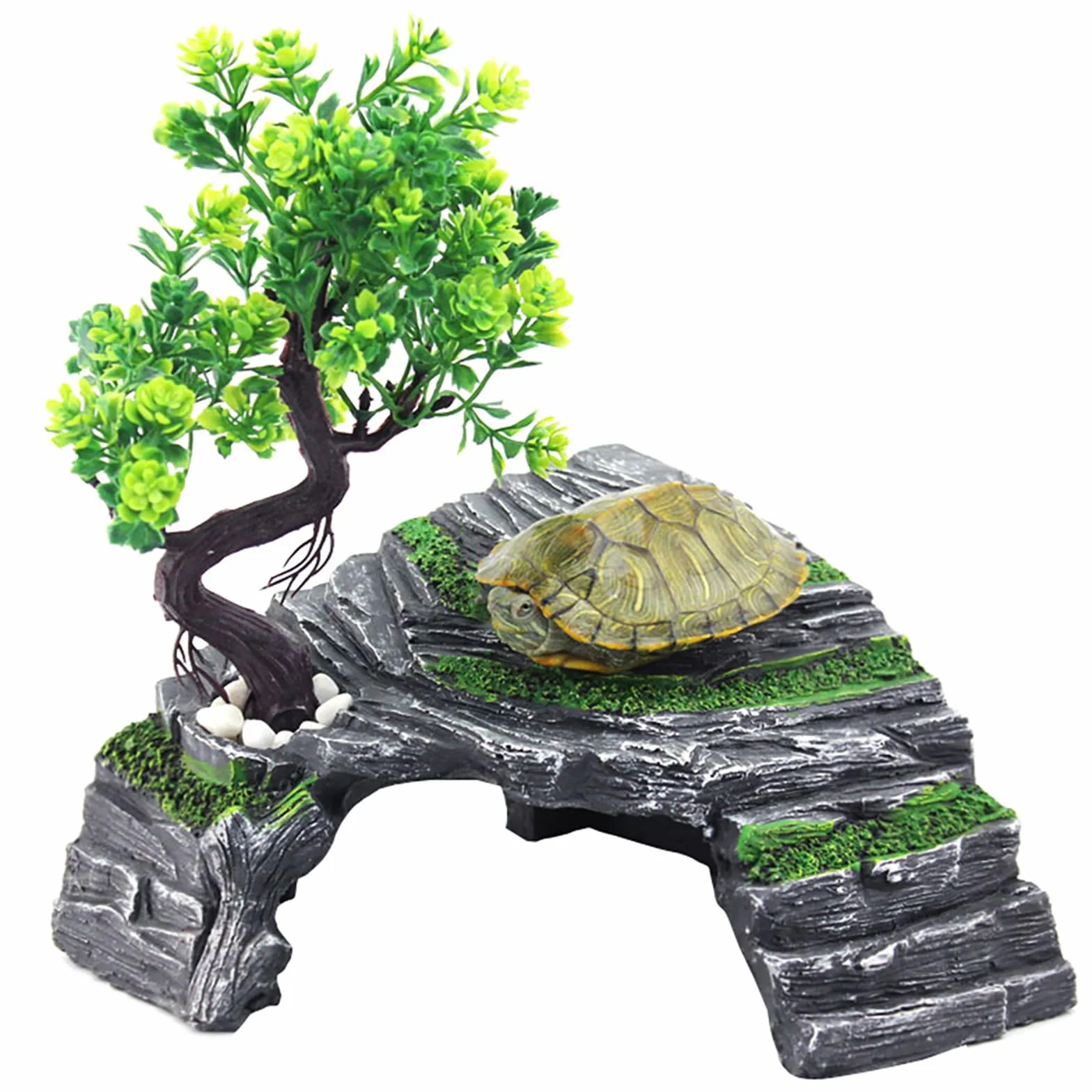 OMEM Reptil Box Refugio Terrario Escondite Cuevas Tortuga Plataforma para Tomar el Sol Decoración de Hábitat Humidificar Ocultar Cueva Resina Roca (M)