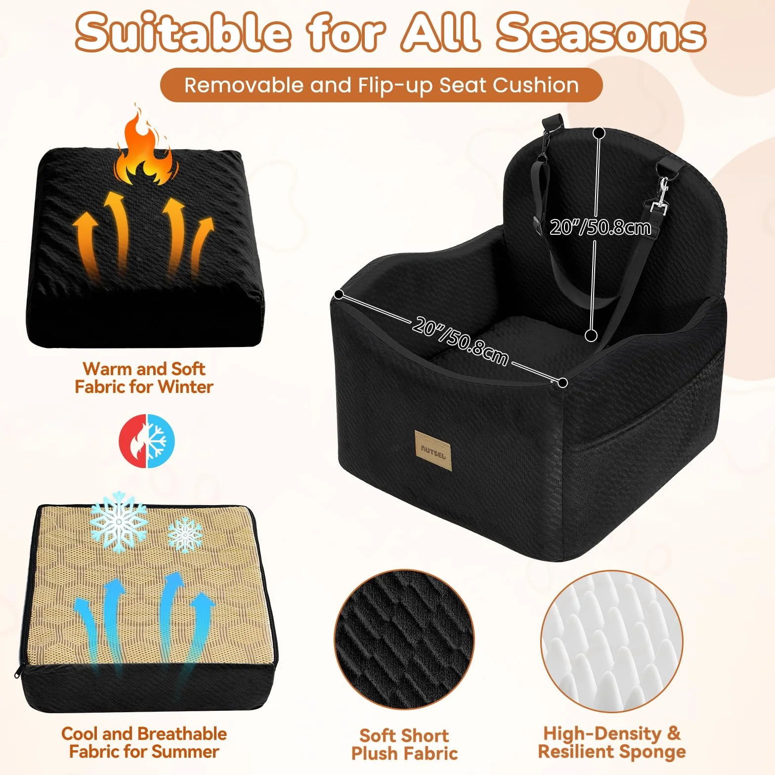 Asiento de Coche para Perros Medianos y Pequeños – Elevador Impermeable y Lavable con Arnés, Bolsillos y Base Antideslizante, para Asiento Trasero o Delantero, Negro
