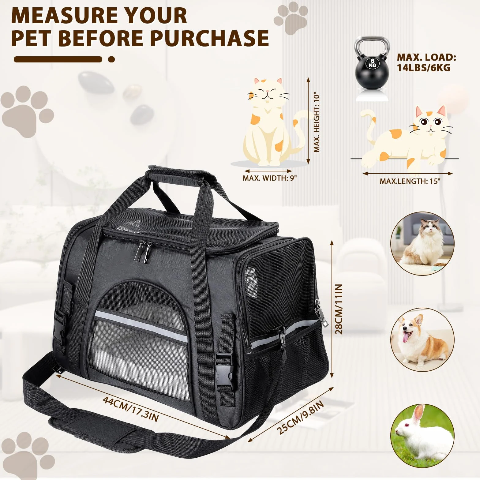 Romon Transportín Gato Perro, Transportin Perro Pequeño Cat Carrier, Bolsa Transporte Transpirable para Mascotas, Transportin Perro para Pequeños Plegable Bolso Gatos Cachorros Gatitos de hasta 6 Kg