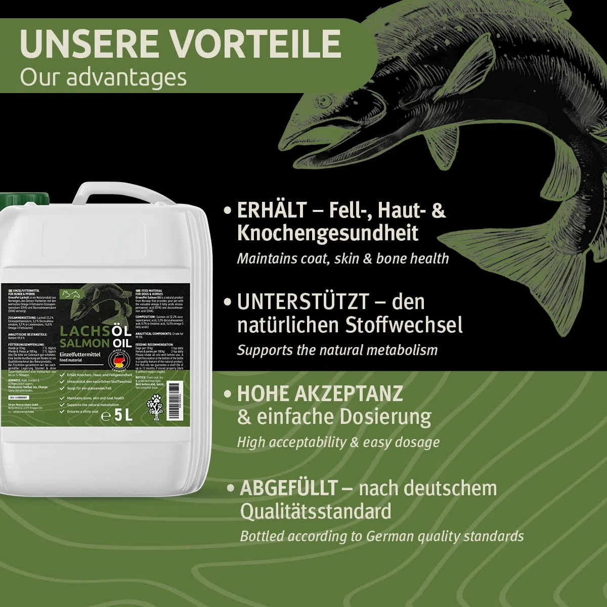 GreenPet Aceite de Salmón para Perros y Caballos 5 litros - Aceite Omega 3 - Aceite de Pescado para un Brillo Natural y Cuidado del Pelaje - Ayuda con la Piel Seca