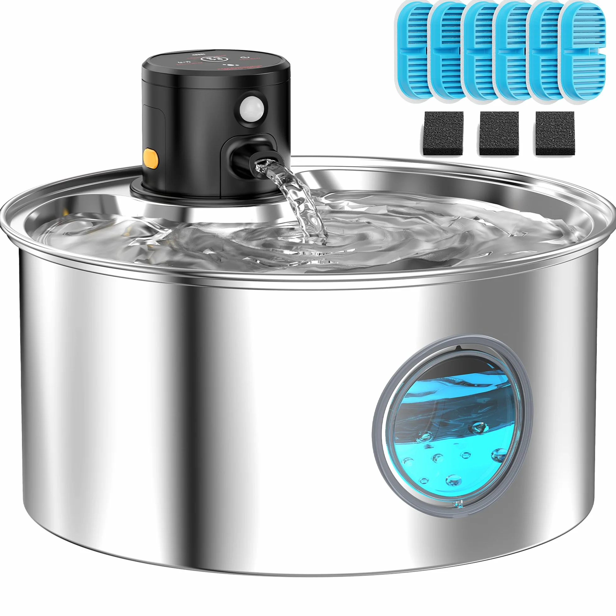 Fuente para Gatos y Perros: Bebedero Automático de Acero Inoxidable con Sensor de Movimiento - Dispensador de Agua a Pilas con 6 Filtros + 3 Esponjas