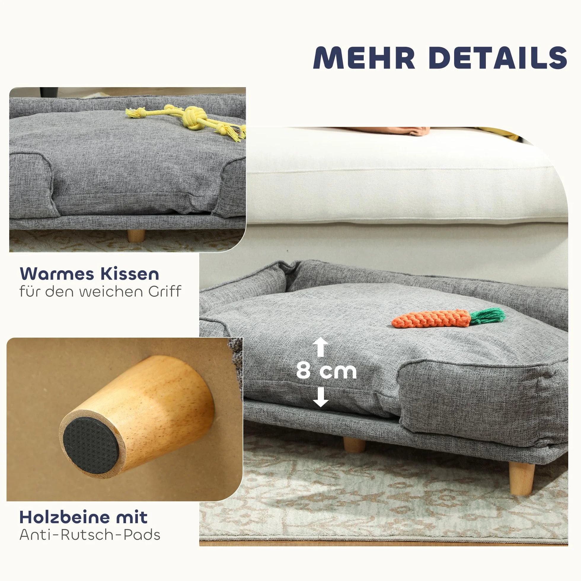 PawHut Sofá para perros con respaldo, patas de madera, cama para perros con poliéster, sofá para mascotas y gatos, para perros grandes de hasta 30 kg y 60 cm de altura de hombro, 96 x 66 x 24 cm