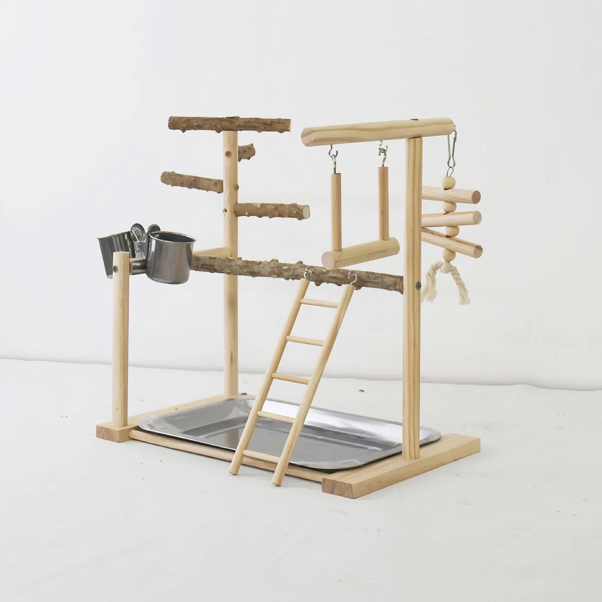 Parque de Juegos para pájaros, Loros, Soporte de Madera para pájaros, Parque de Juegos para periquitos, con Taza de alimentación y Bandeja, Juguetes para pájaros, Juguete de Ejercicio para