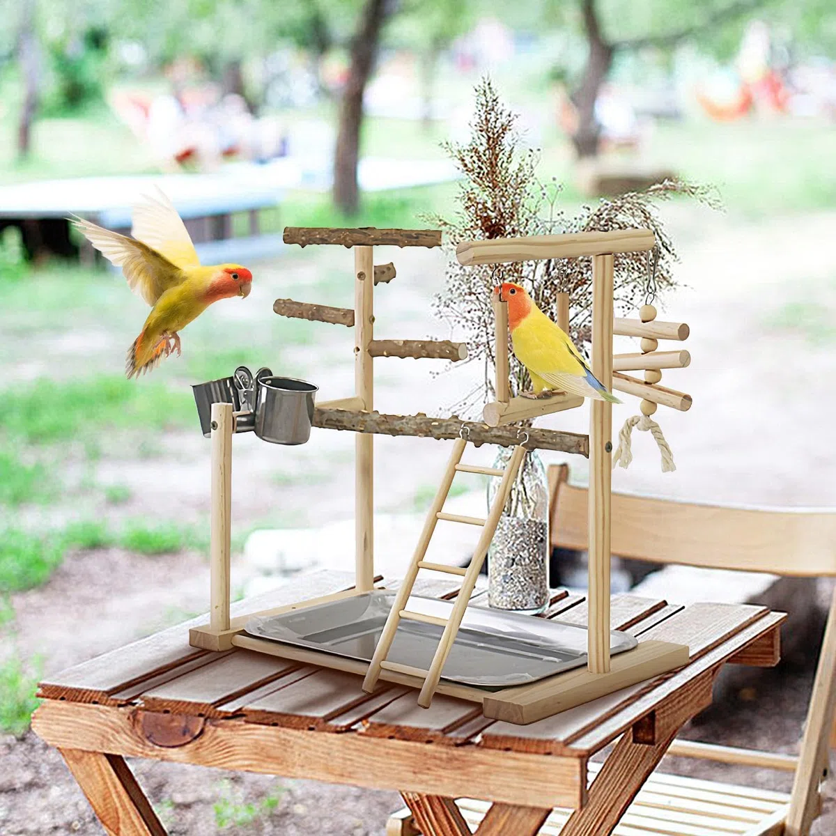 Parque de Juegos para pájaros, Loros, Soporte de Madera para pájaros, Parque de Juegos para periquitos, con Taza de alimentación y Bandeja, Juguetes para pájaros, Juguete de Ejercicio para
