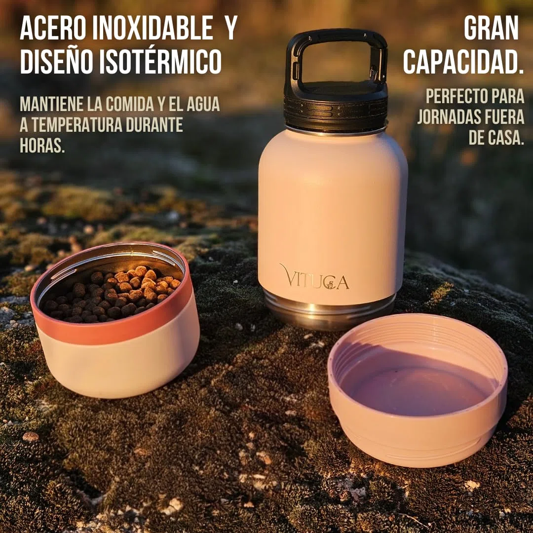 Bebedero Perro Portátil 1L de Acero Inoxidable Aislado | Botella Agua Perro Ultra Resistente con Compartimentos para Comida o Premios | Sistema 2 en 1 para Paseo y Viaje