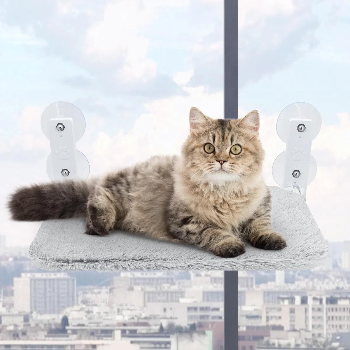 Percha para ventana de gato, hamaca inalámbrica plegable con 4 ventosas, marco sólido, malla transpirable, asiento de ventana para gatos, cama plegable para gatos, estante para gatos de interior (lana