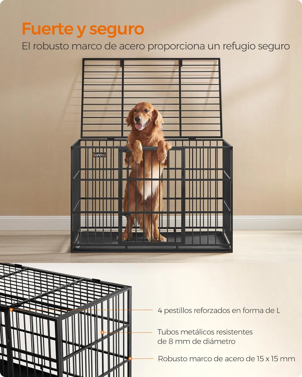 Feandrea Jaula Pesada para Perros, Jaula para Mascotas, 122 x 75 x 80 cm para Perros Medianos y Grandes, con Bandeja Extraíble, Doble Puerta, Fácil de Limpiar, Negro Tinta PPD006B01