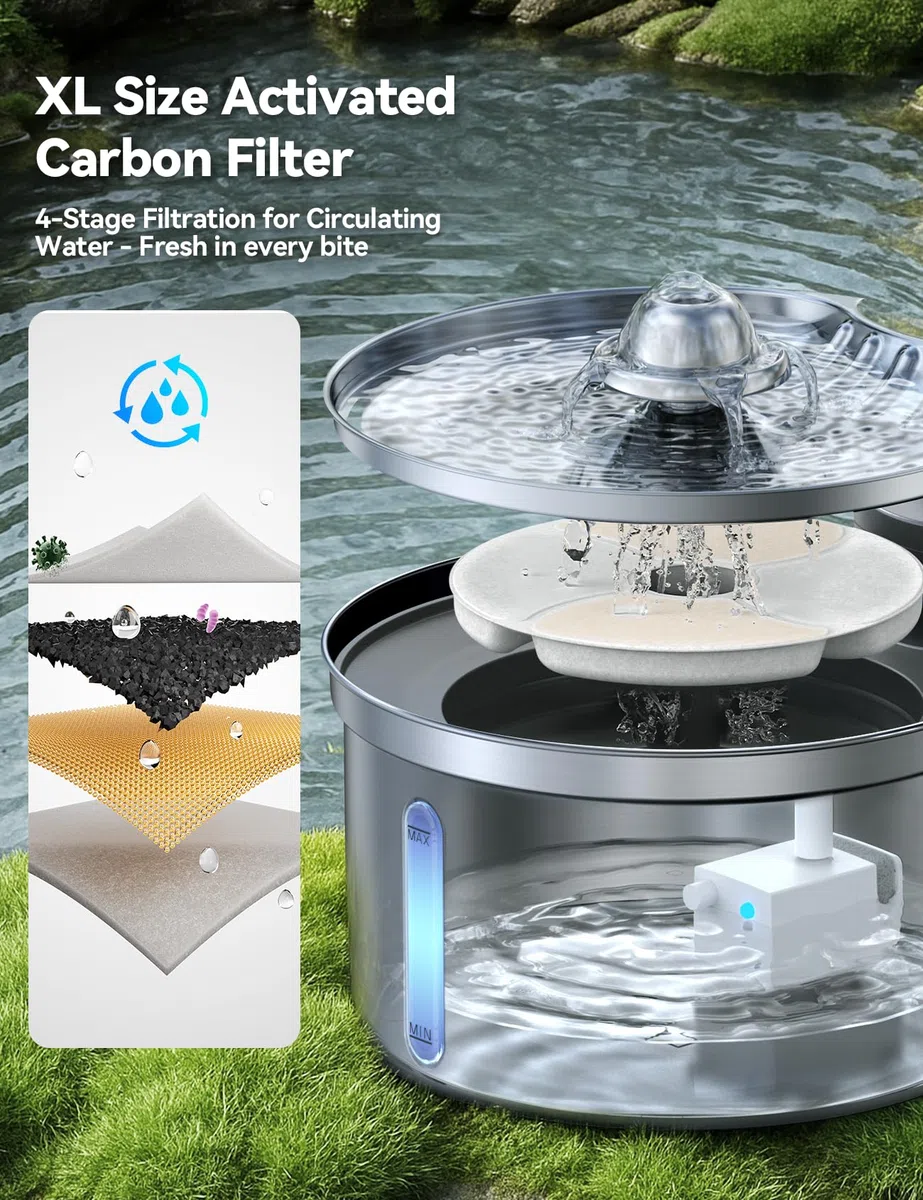 Fuente de Agua para Gatos Inalámbrica Inteligente con Sensor FEELNEEDY FN-W19 3.5L, Separación Agua-Batería 4000mAh, Bebederoen Acero Inoxidable 304, 3 Modos, 1 Filtro de Carbón Activado