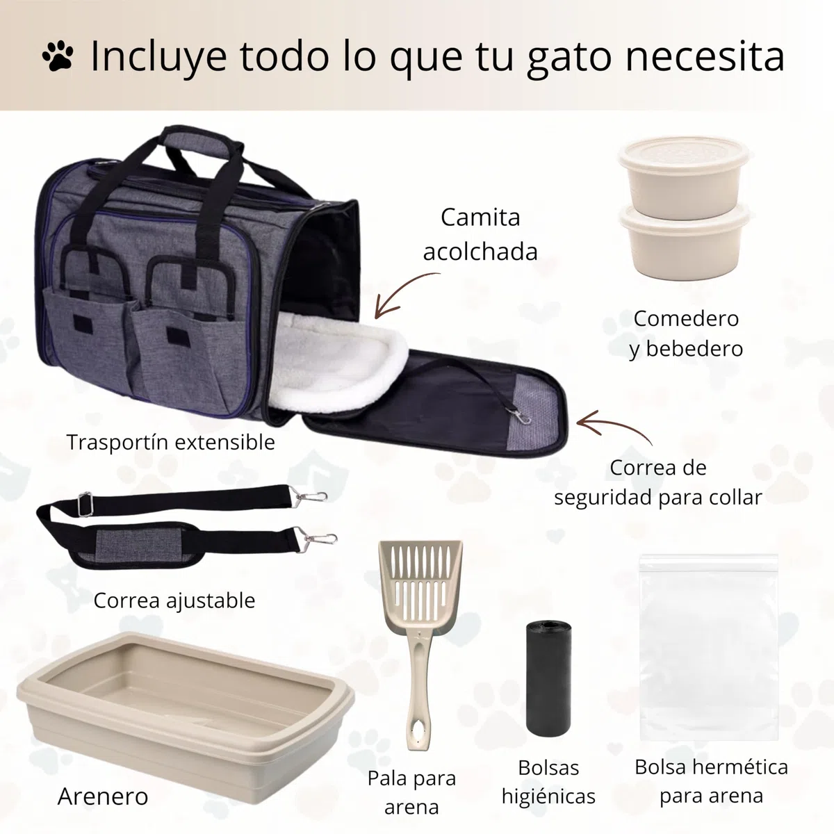 Kit Completo Gatos Accesorios: transportin Gato Grande y arenero Gatos, comedero, Bebedero, camita y Pala - Ideal en Viajes, Coche, Vacaciones y Bienvenida al hogar (Marrón Claro)