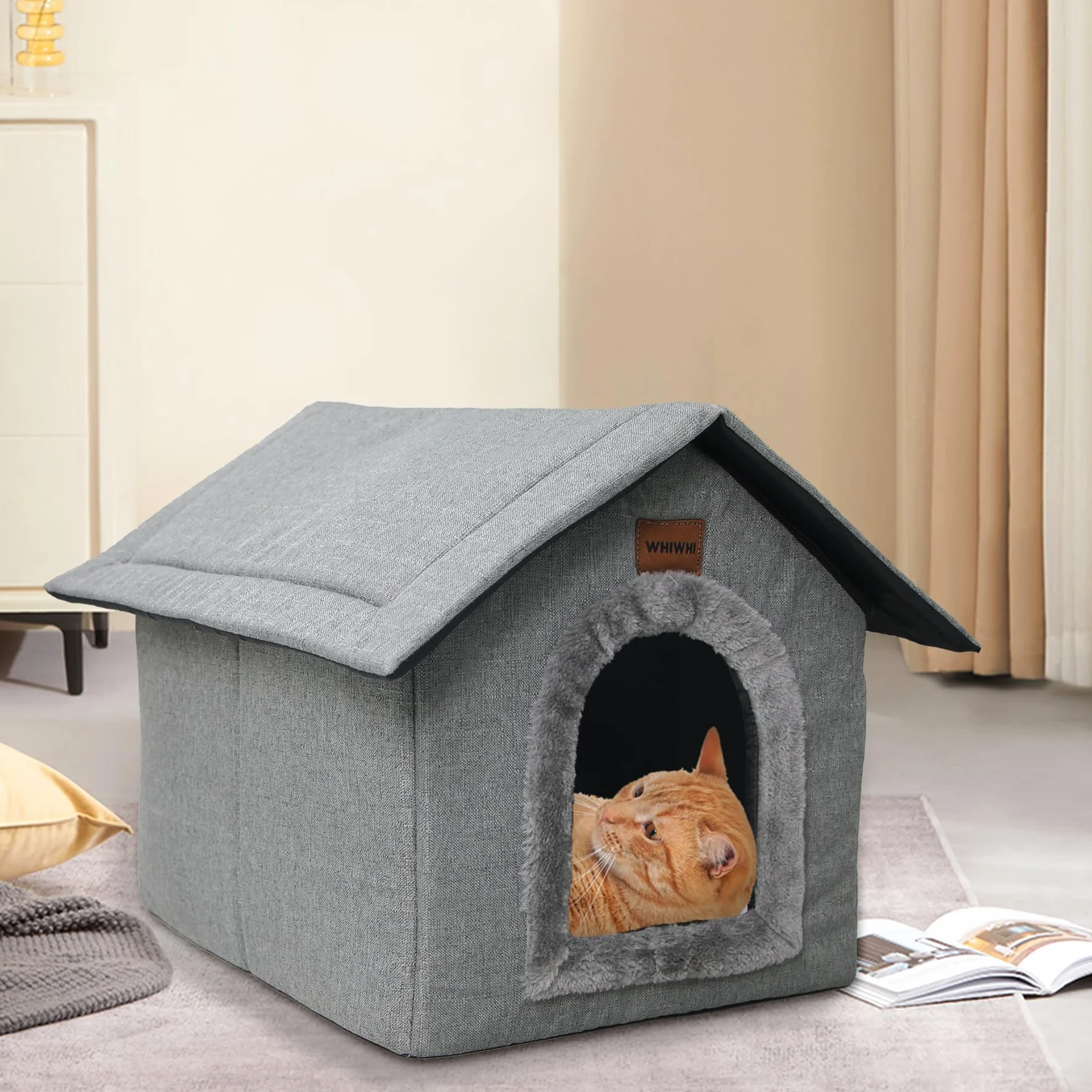Casa para gatos, cueva para perros de interior, con cojín de felpa, plegable, suave, nido para gatos, 35 x 30 x 35 cm