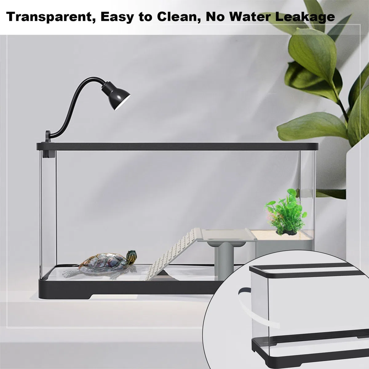 Vivario para tortugas, acuario para tortugas con plataforma flotante, terrario para reptiles con luz de baño, hogar para tortugas fácil de limpiar y cambiar el agua, para cangrejos 40x22x23cm