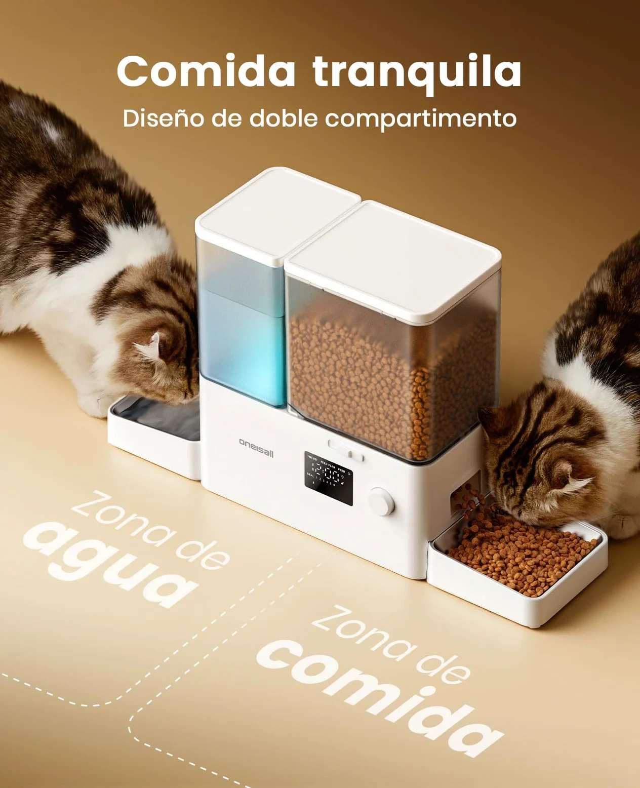 oneisall Comedero automático para Gatos y dispensador de Agua, 36 Tazas/8,5 L, 2 en 1, Agua Dulce, Gran Capacidad, dispensador de Alimentos para Gatos con Temporizador de 5L y Fuente de Agua de