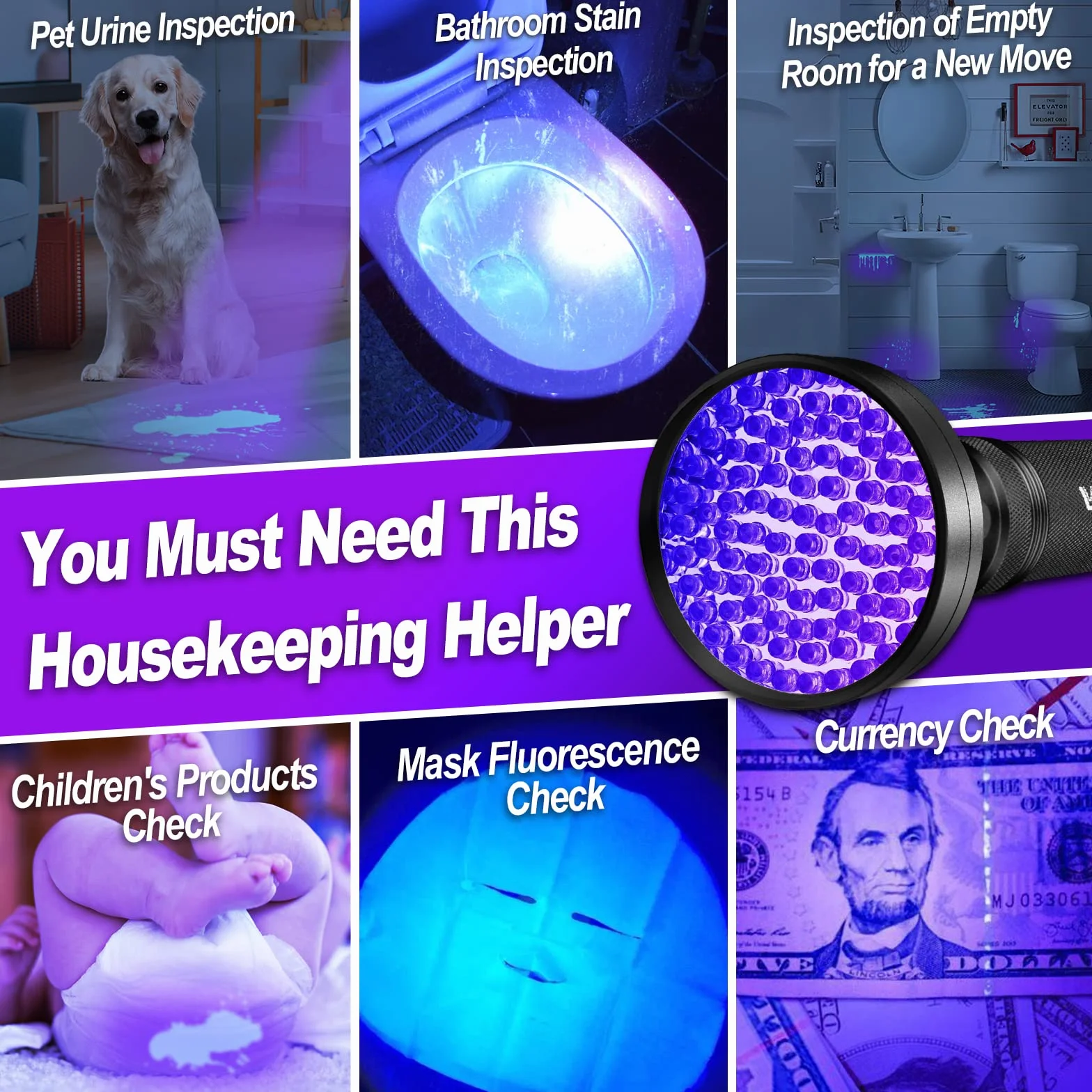 Vansky Lámpara UV de luz negra, linterna de 395 nm: luz UV con 100 LED UV para mascotas, detector de orina, lámpara de luz negra para manchas secas de sus perros, gatos y roedores en alfombras