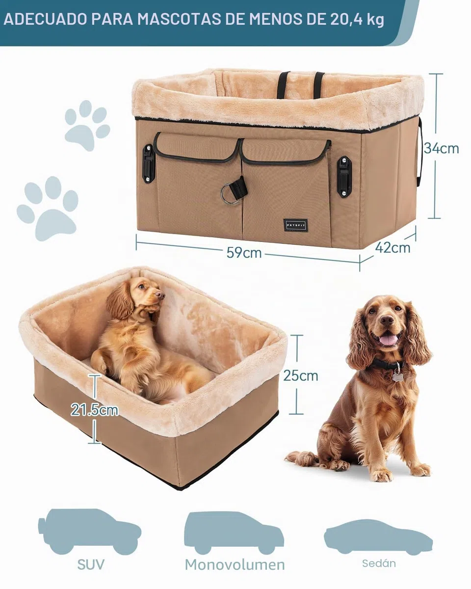 Petsfit Asiento de coche para perro de tamaño mediano, con hebillas de patente, almohadilla lavable, asiento elevador mejorado de hasta 20 kg, caqui